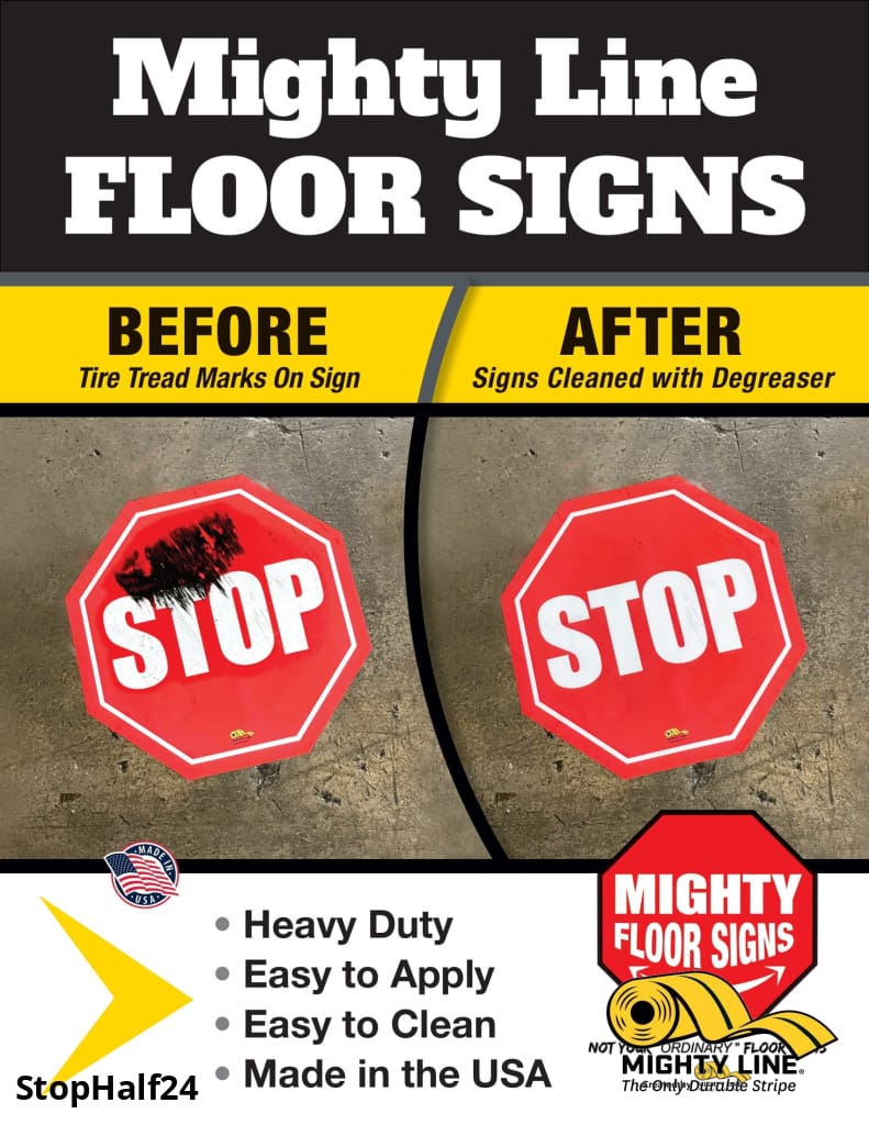 Stop Half Hectagon, Mighty Line Floor Sign, Industrial Strength