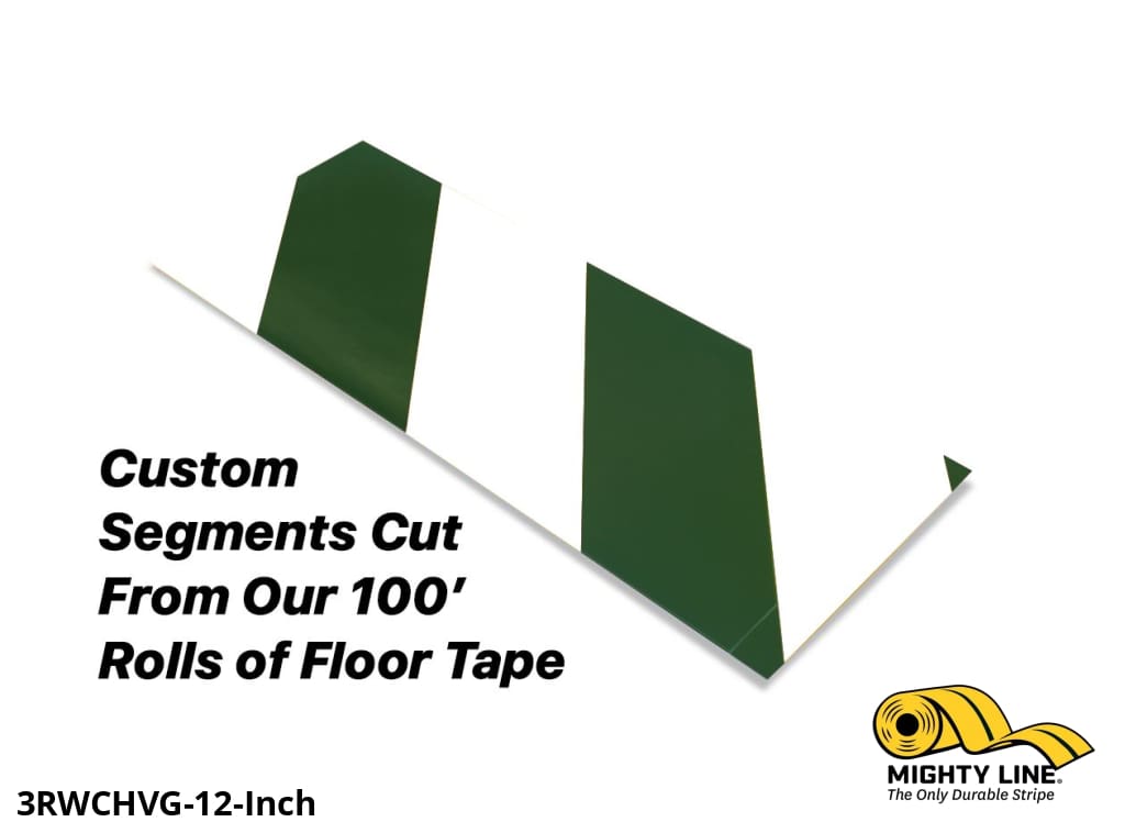 Custom Cut Segments - 3" White Tape with Green Diagonals - 100'  Roll