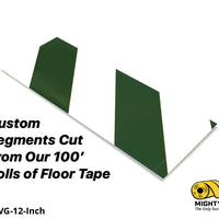 Custom Cut Segments - 4" White Tape with Green Diagonals - 100'  Roll
