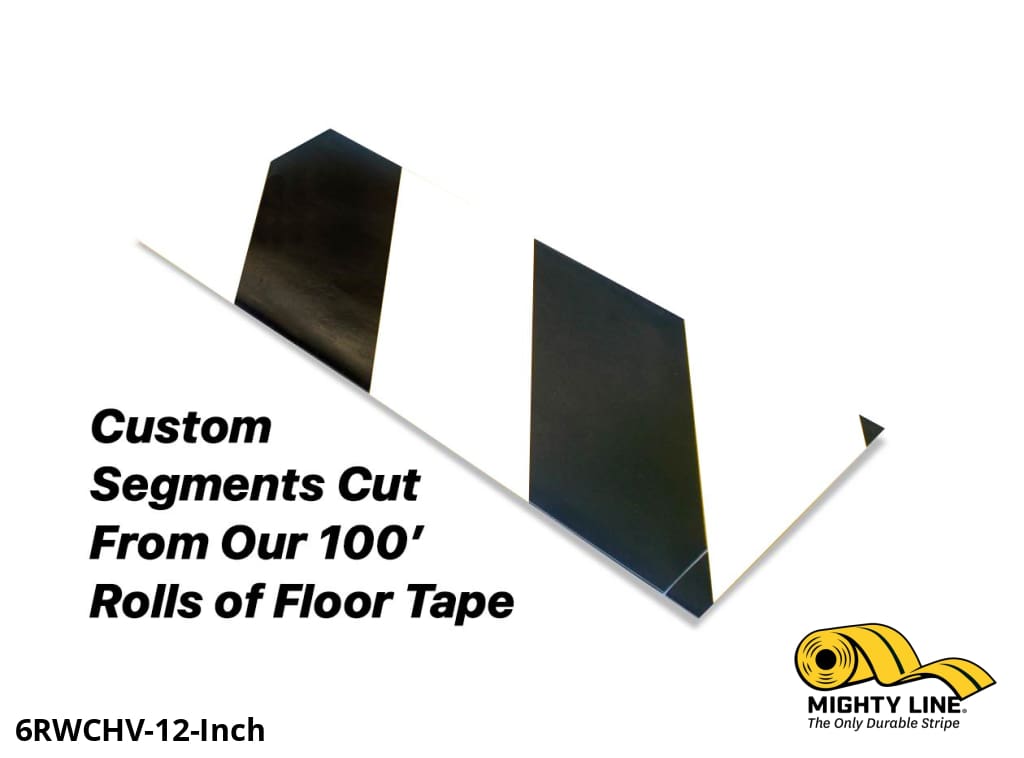 Custom Cut Segments - 6" White Tape with Black Diagonals - 100'  Roll