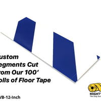 Custom Cut Segments - 6" White Tape with Blue Diagonals - 100'  Roll