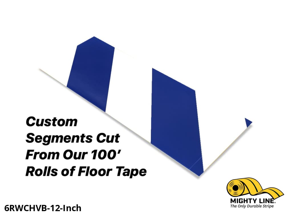 Custom Cut Segments - 6" White Tape with Blue Diagonals - 100'  Roll