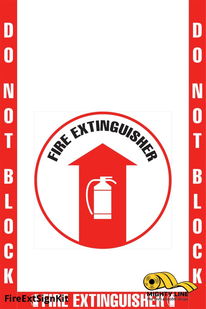 Do Not Block Fire Extinguisher Floor Marking, OSHA Compliance Kit. 16" sign, 2" wide tape